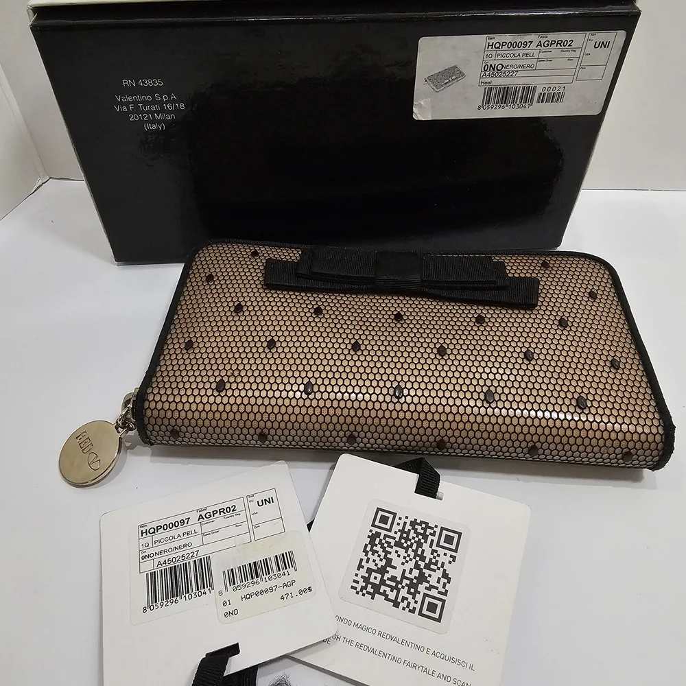 Valentino Nude and Black Bow Zip-Around Wallet